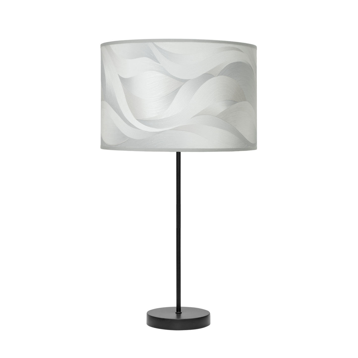 Lámpara fabricada en metal color negro y pantalla textil gris, ideal para iluminación interior