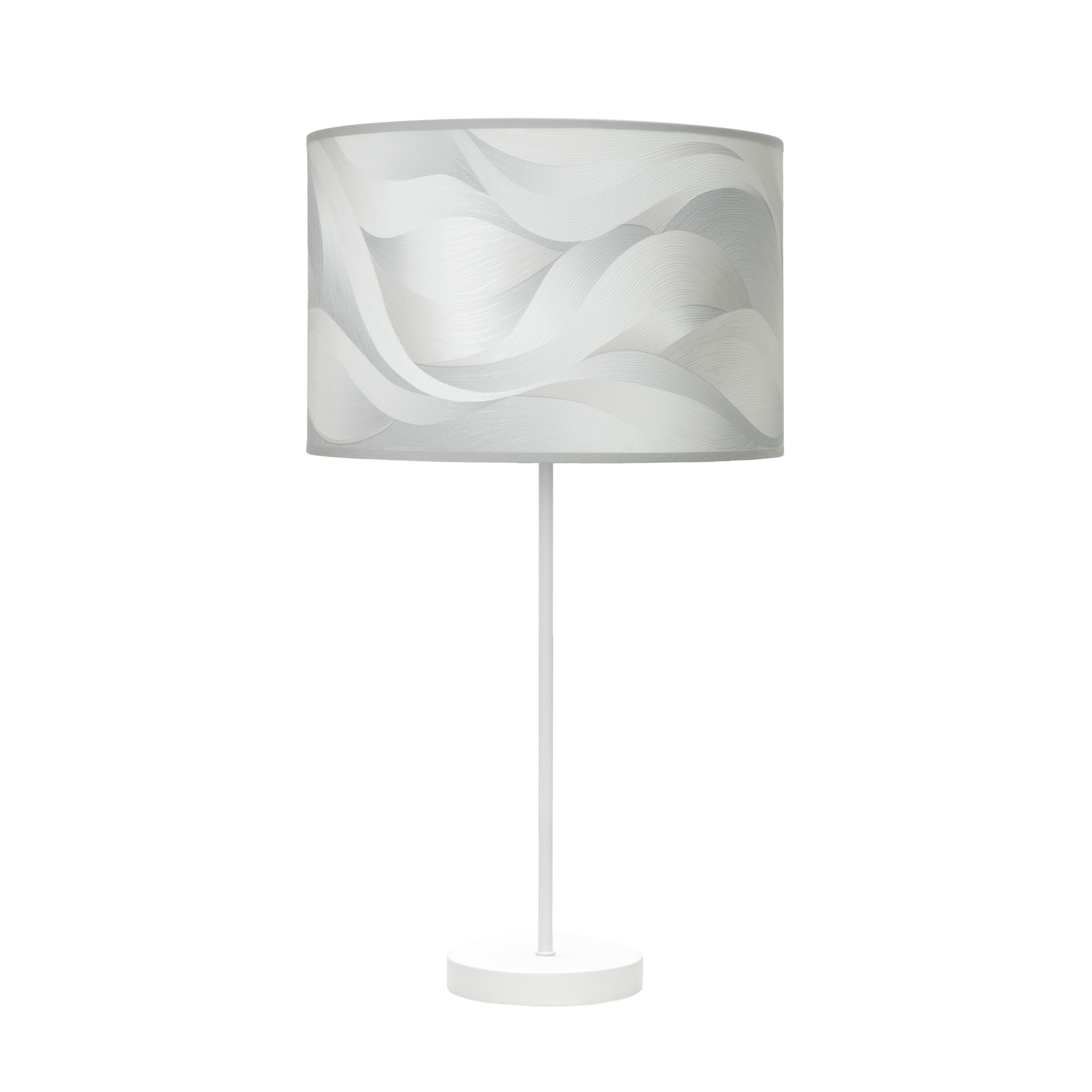 Lámpara fabricada en metal color blanco y textil gris