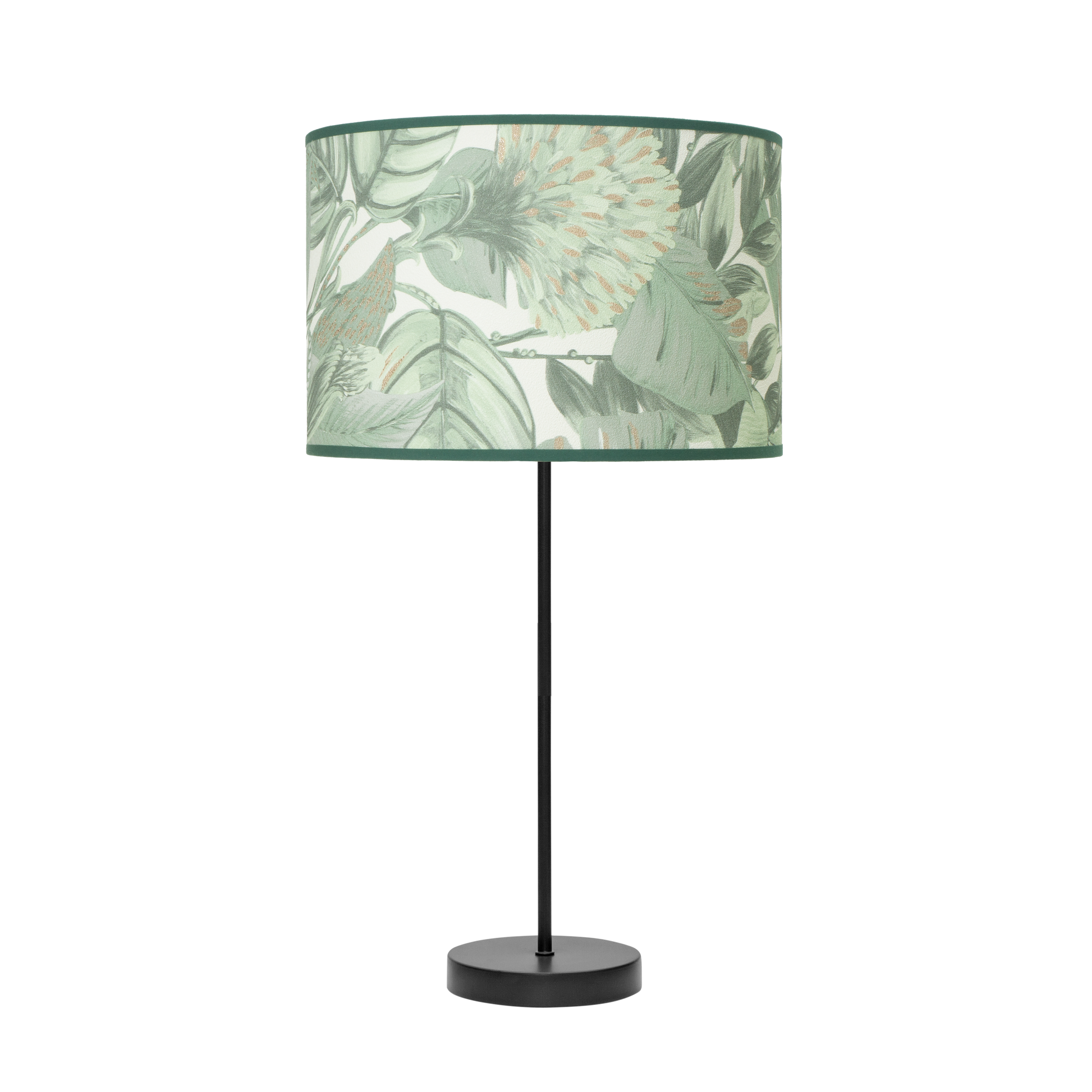 Lámpara hecha en metal color negro con pantalla textil verde, diseño de hoja