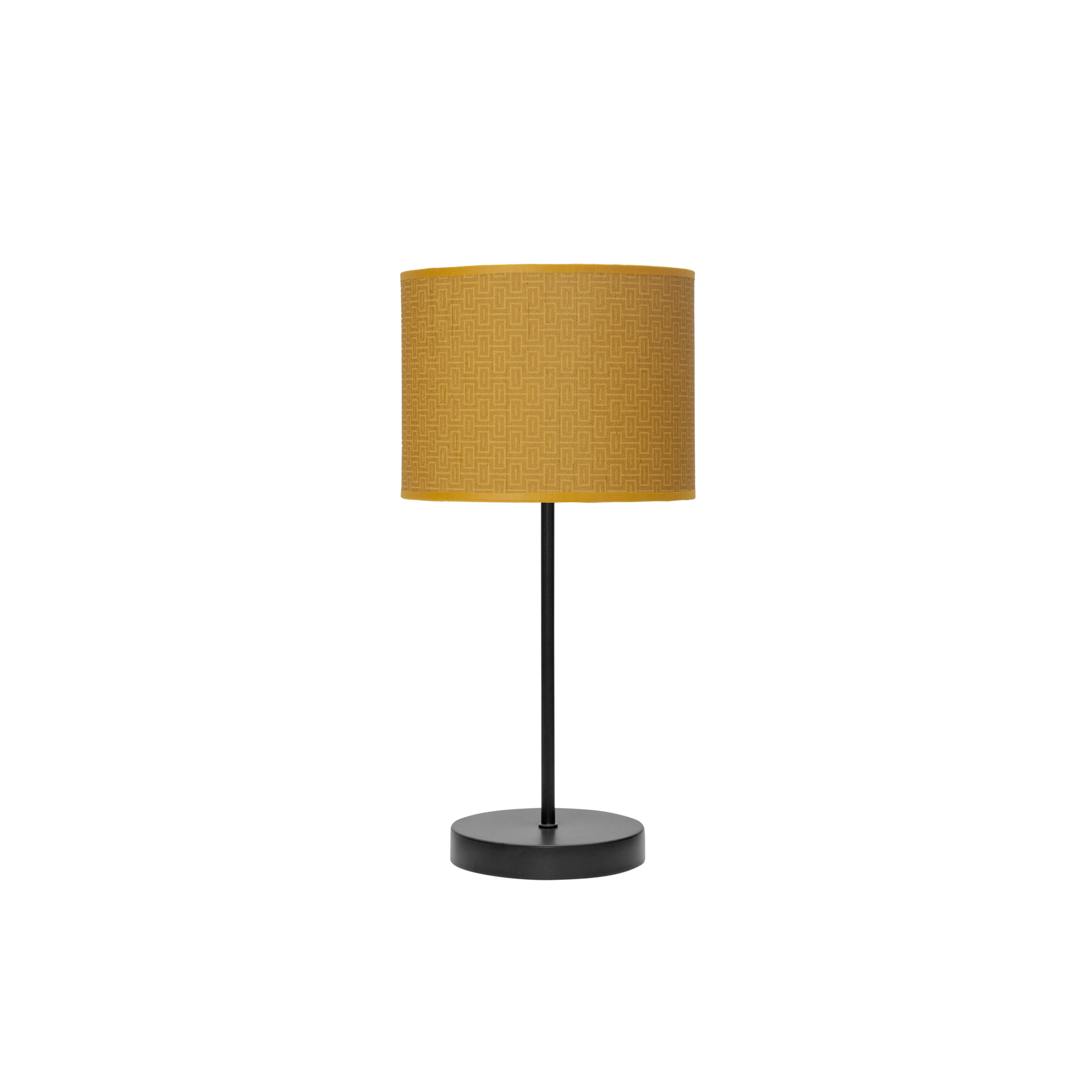 Lámpara de sobremesa fabricada en metal color negro con pantalla textil amarilla