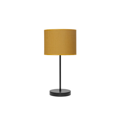 Lámpara de sobremesa fabricada en metal color negro con pantalla textil amarilla