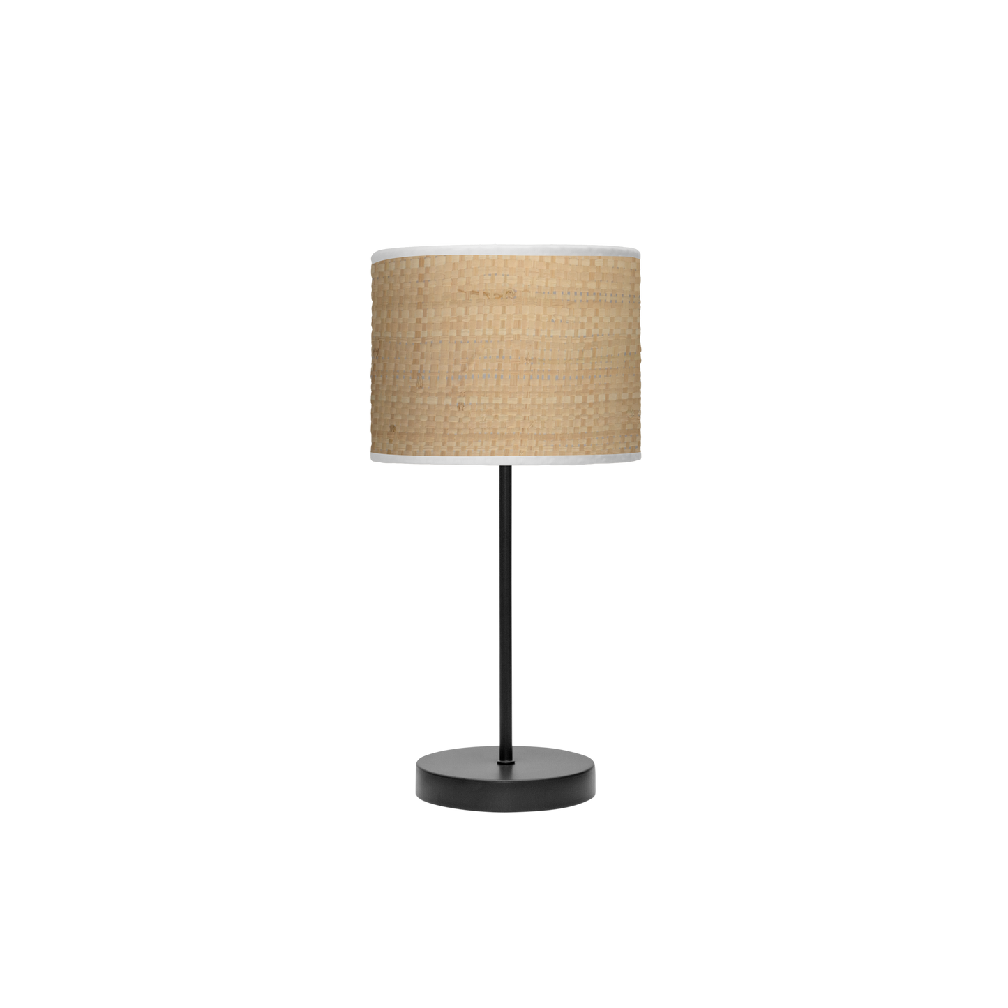 Lámpara de mesa fabricada en metal color negro y pantalla textil cañizo claro