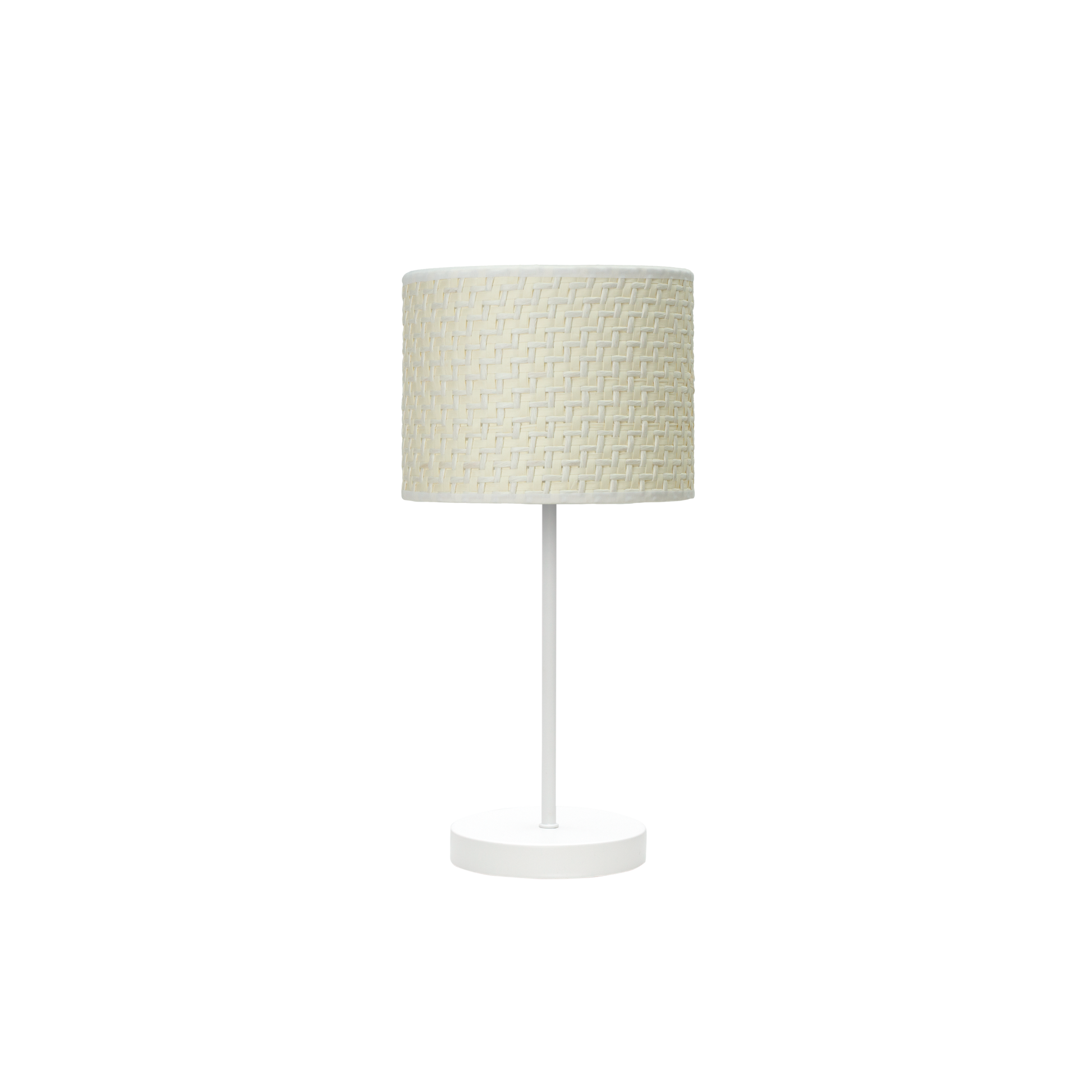 Lámpara MODA fabricada en metal color blanco con pantalla textil de cañizo