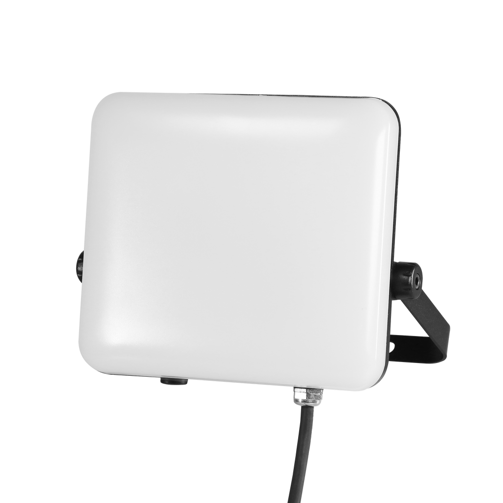 Proyector Destello 20W Fabrilamp, vista frontal, blanco y negro, iluminación exterior.