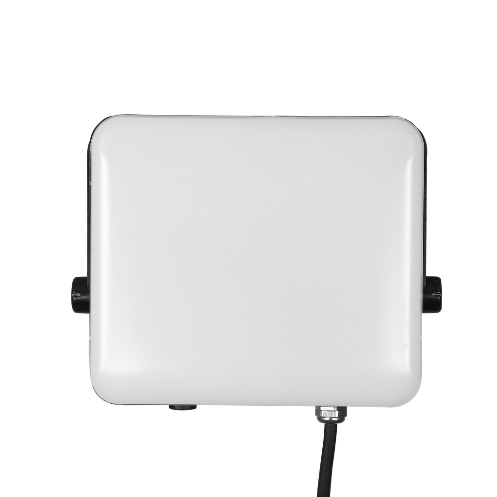 Proyector Destello 100W Fabrilamp, vista frontal, blanco y negro, 9000 lúmenes.