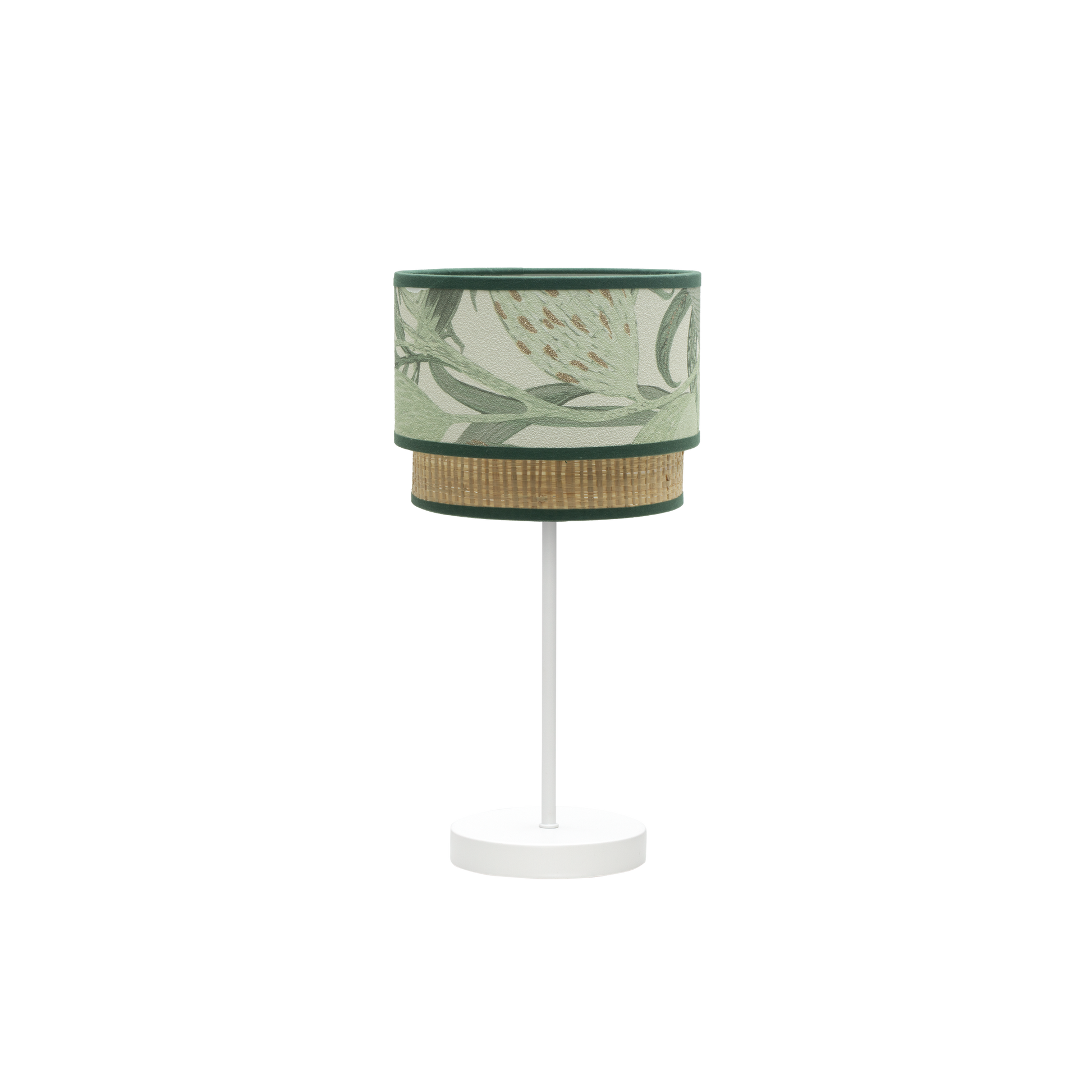Lámpara de noche CONGO fabricada en metal color blanco y textil verde natural