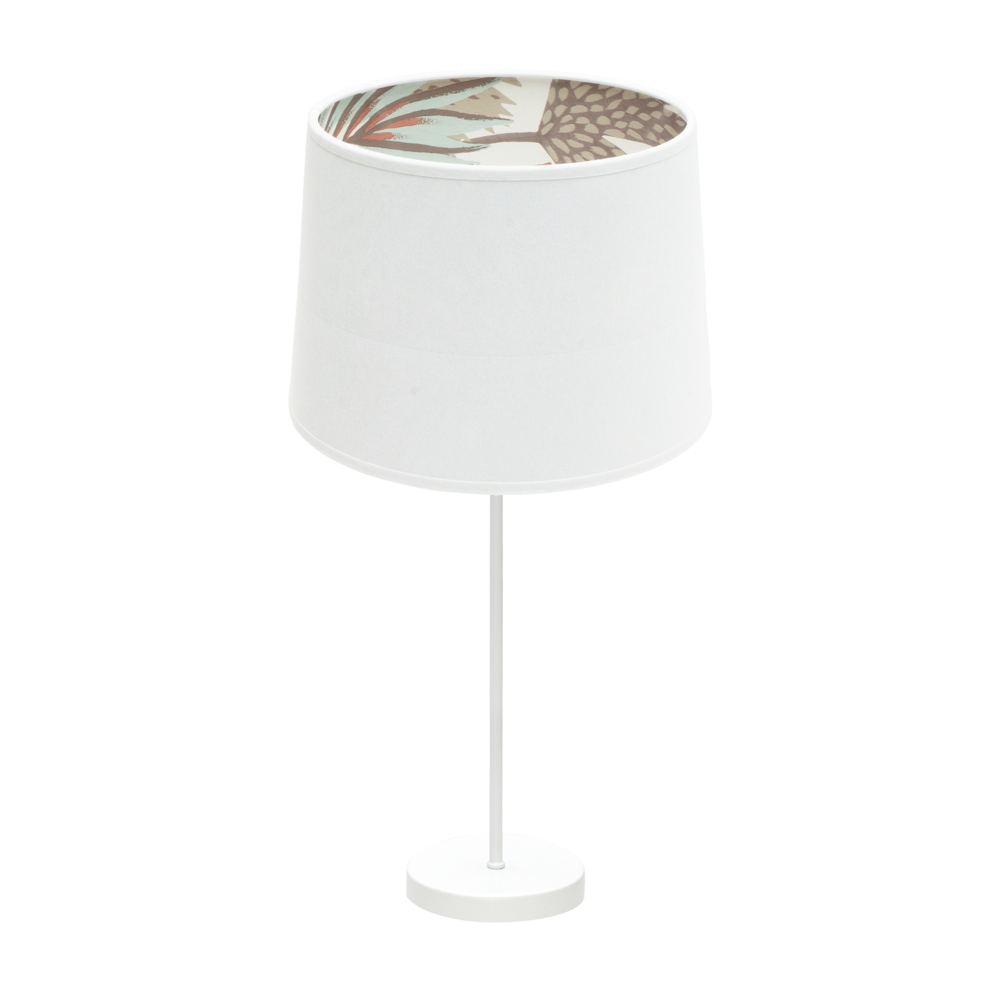 Sobremesa grande Tunez, color blanco con pantalla blanca estampada. Diseño moderno y elegante de Fabrilamp.