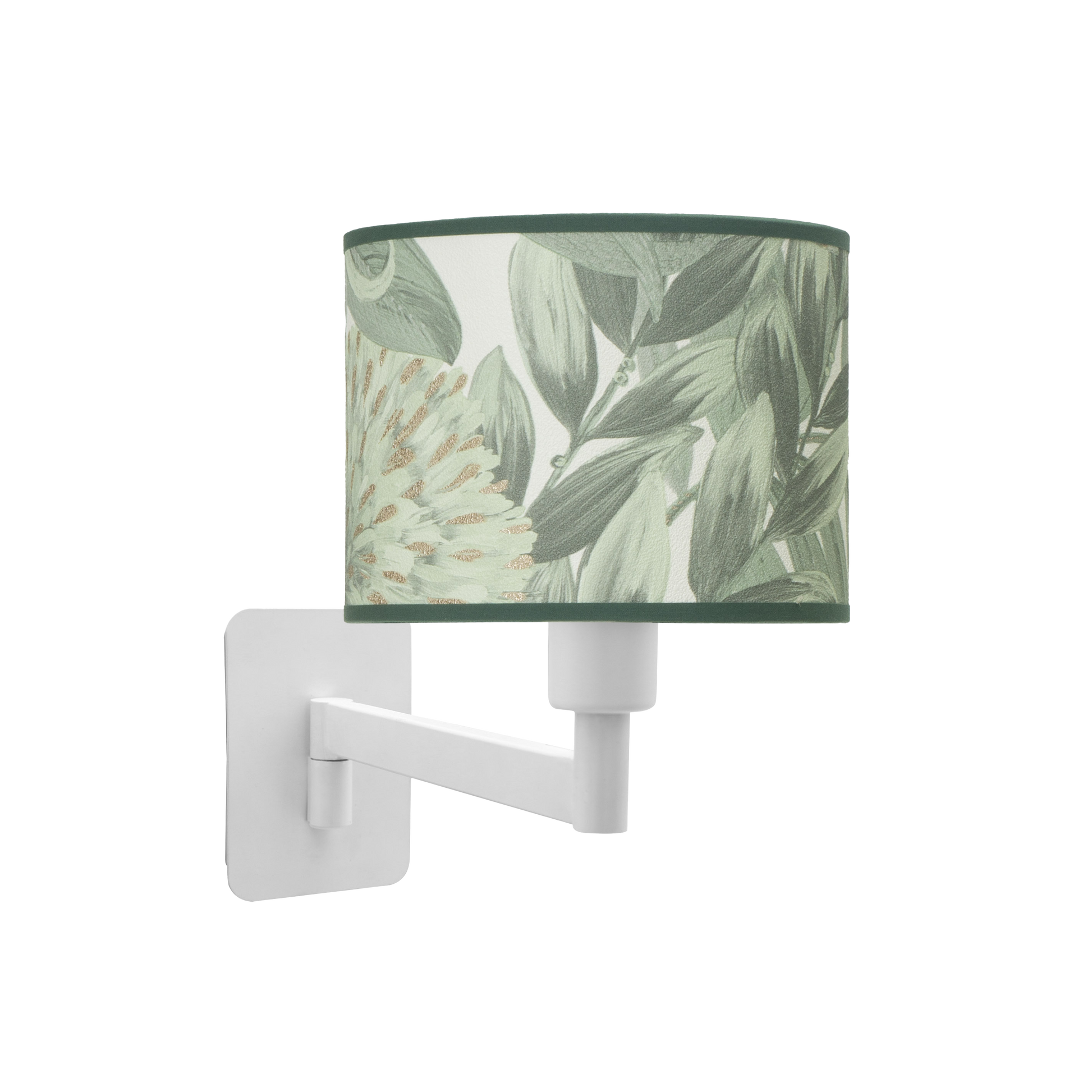 Aplique fabricado en metal color blanco con pantalla textil hoja verde, iluminación moderna