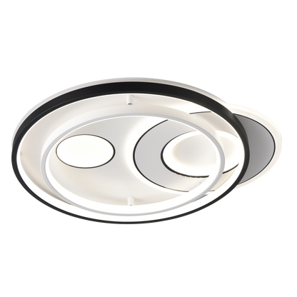 Plafón Evora fabricado en metal color negro y policarbonato blanco, luz ajustable.
