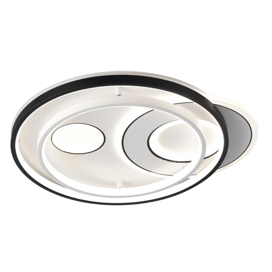 Plafón Evora fabricado en metal color negro y policarbonato blanco, luz ajustable.