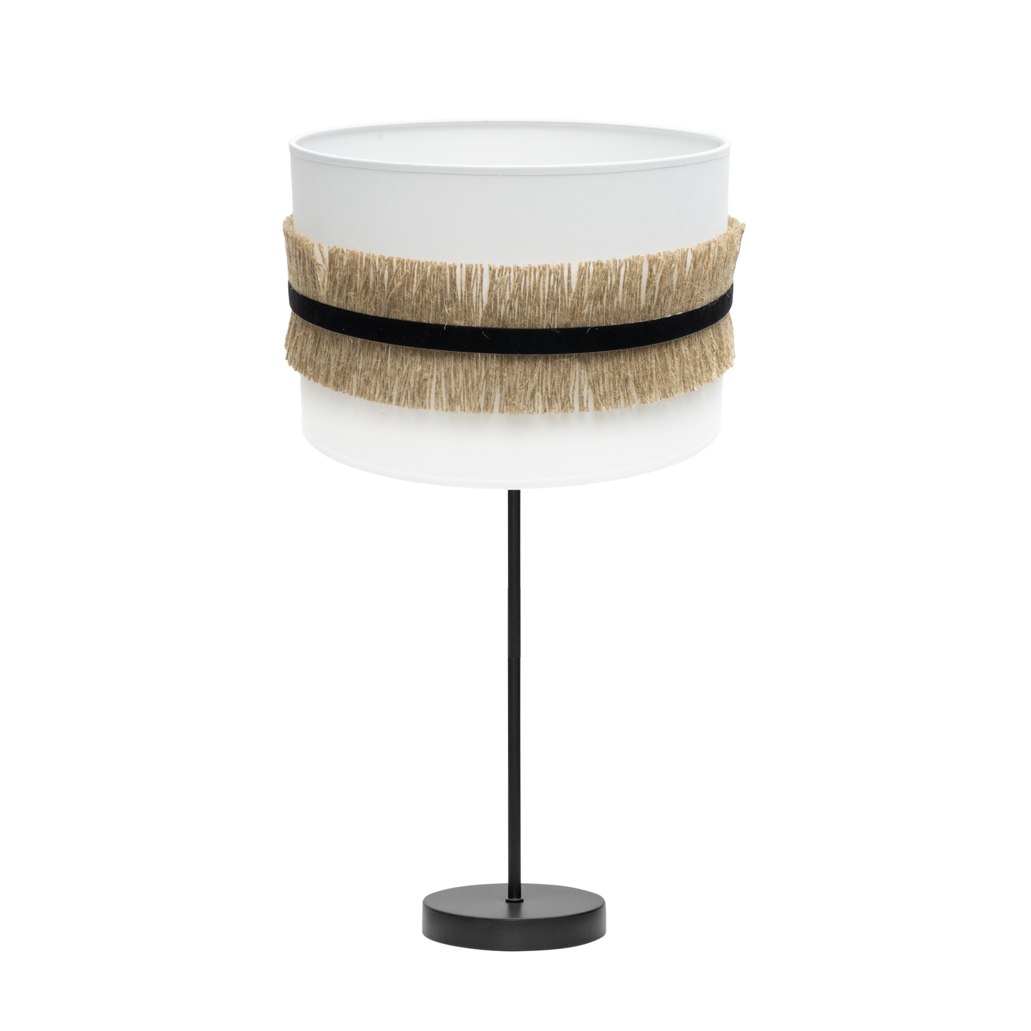 Lámpara de mesa Angola fabricada en metal y textil color negro, blanco y yute