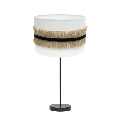 Lámpara de mesa Angola fabricada en metal y textil color negro, blanco y yute