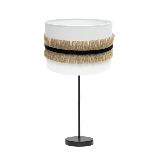 Lámpara de mesa Angola fabricada en metal y textil color negro, blanco y yute