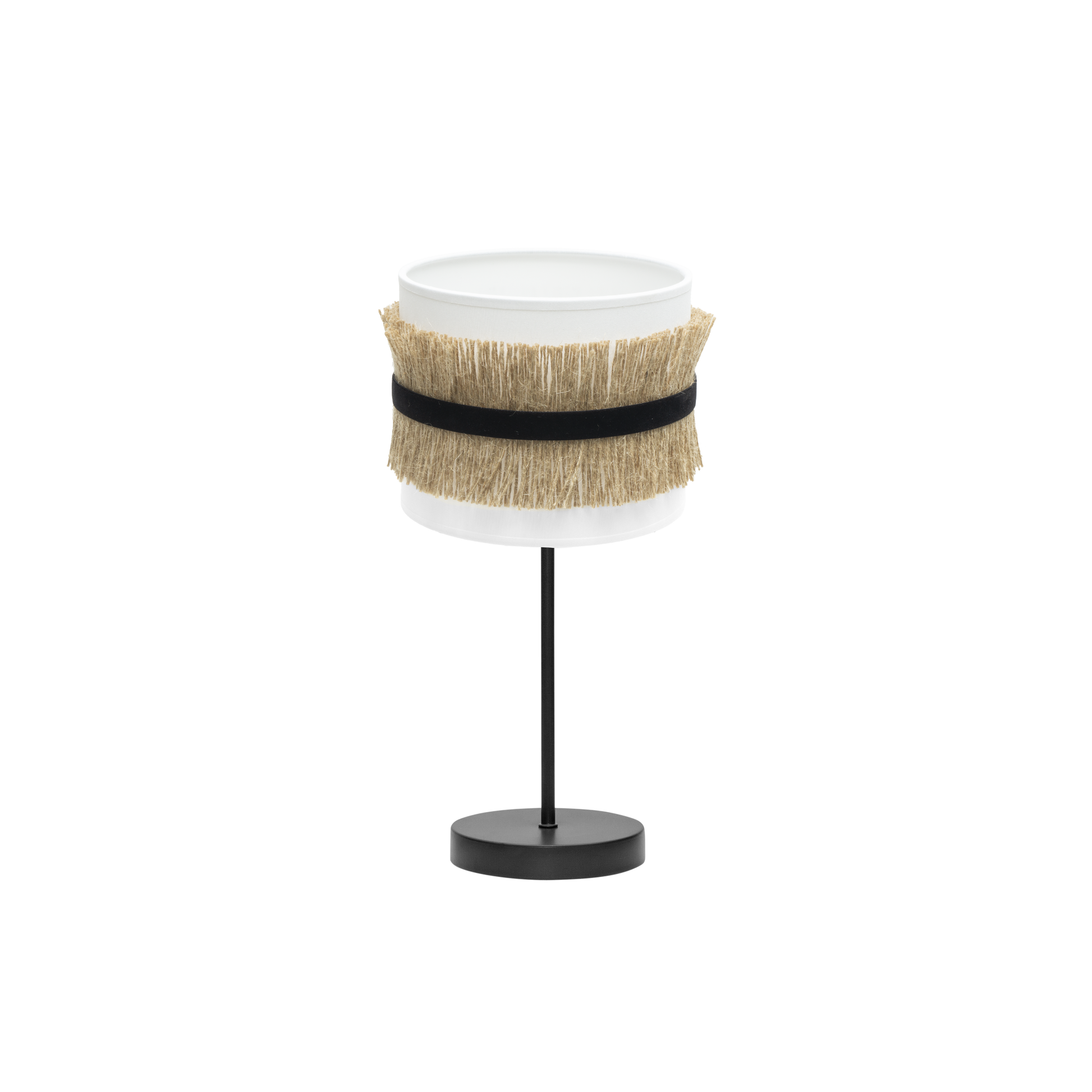 Lámpara de mesa Angola fabricada en textil y metal color negro, blanco y yute