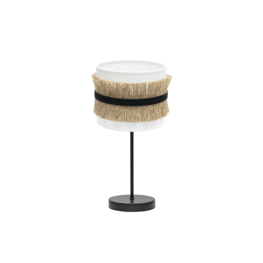 Lámpara de mesa Angola fabricada en textil y metal color negro, blanco y yute