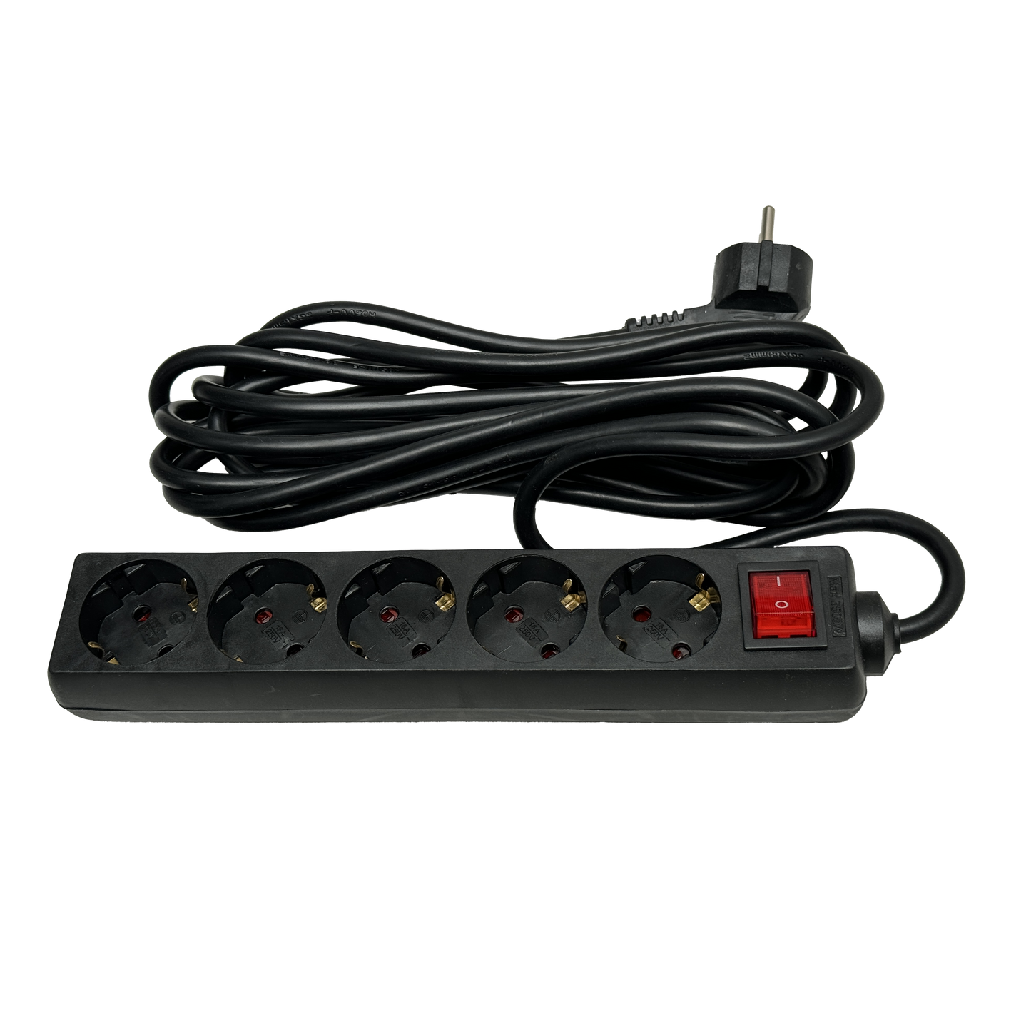 Base múltiple negra de 5 enchufes con interruptor y cable de 5 metros de Fabrilamp.