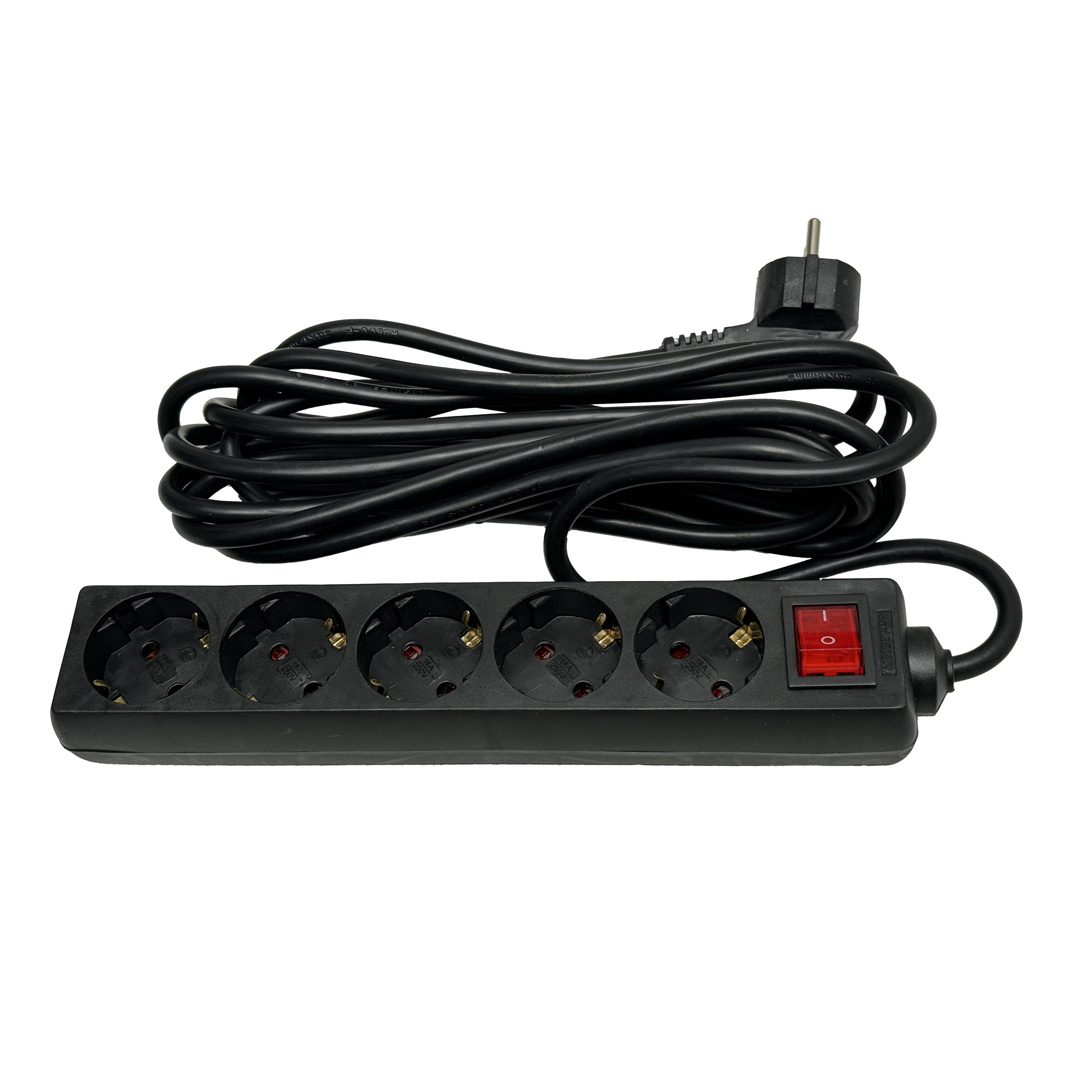 Base múltiple negra de 5 enchufes con interruptor y cable de 5 metros de Fabrilamp.