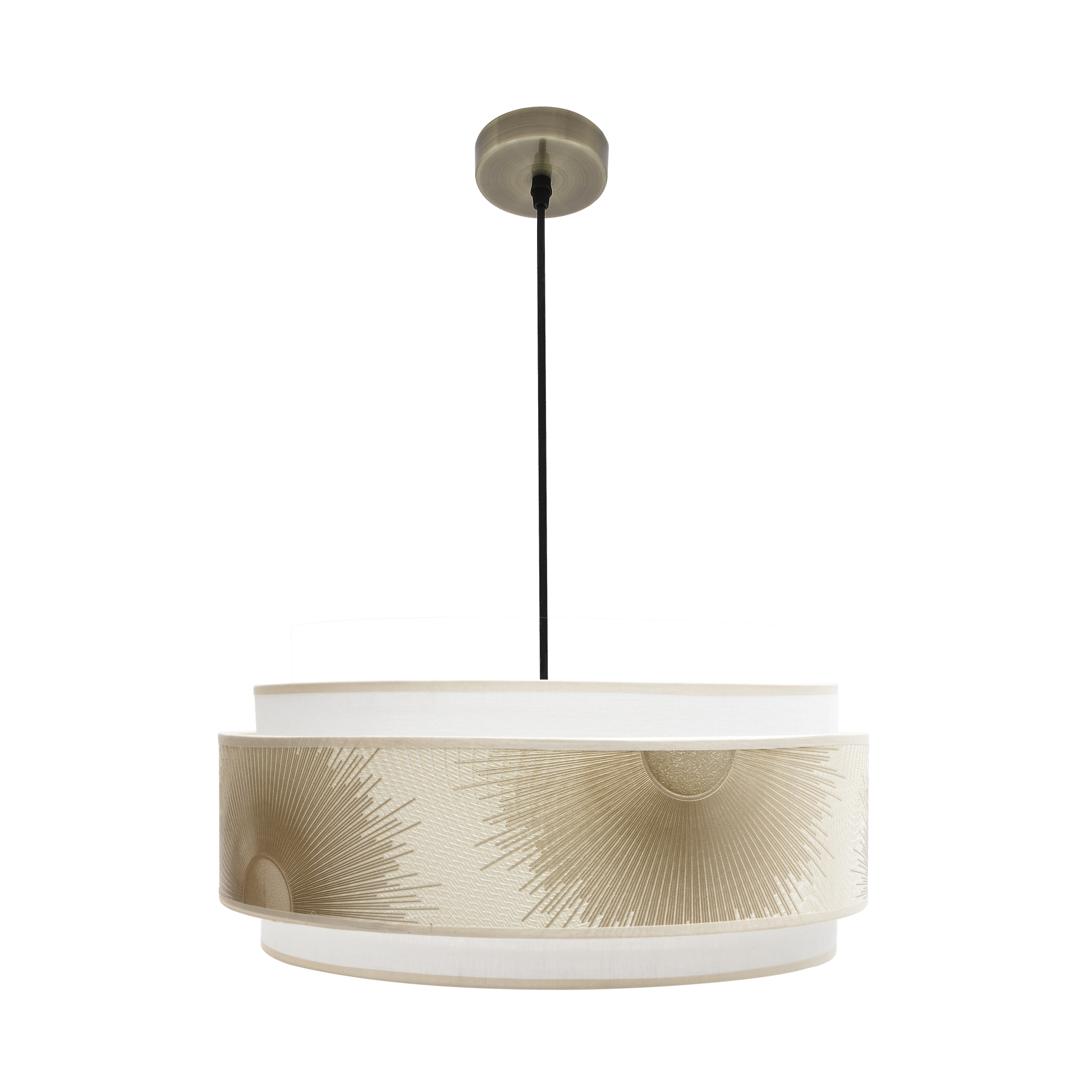 Lámpara colgante Nepal fabricada en metal color cuero y textil blanco/oro