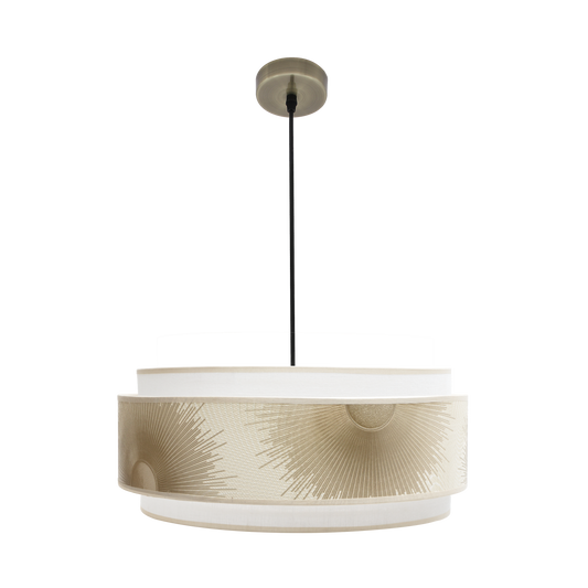 Lámpara colgante Nepal fabricada en metal color cuero y textil blanco/oro