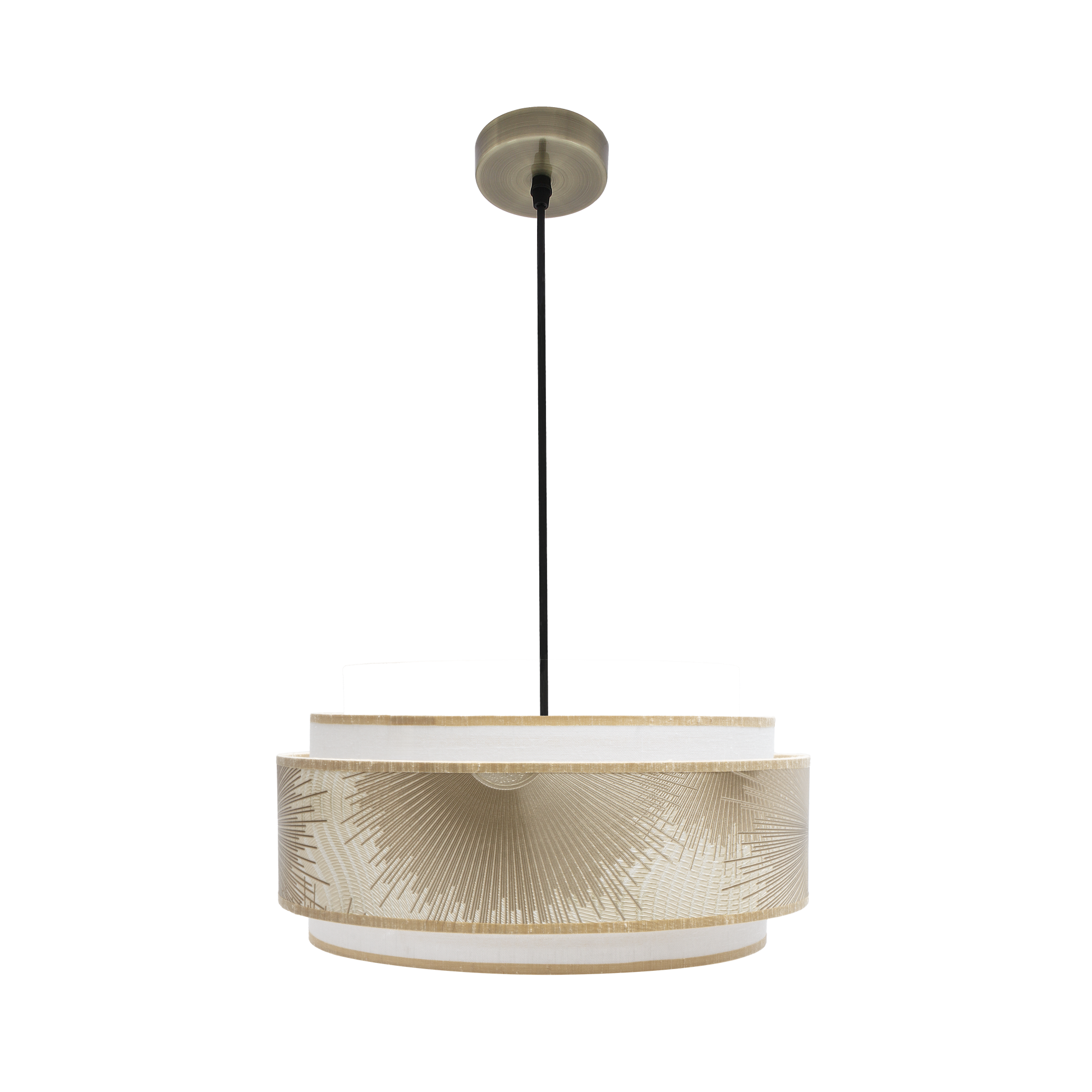 Lámpara colgante Nepal fabricada en metal y textil color cuero, blanco y oro