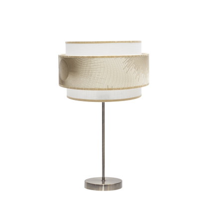 Lámpara Nepal fabricada en metal color cuero y textil blanco y oro