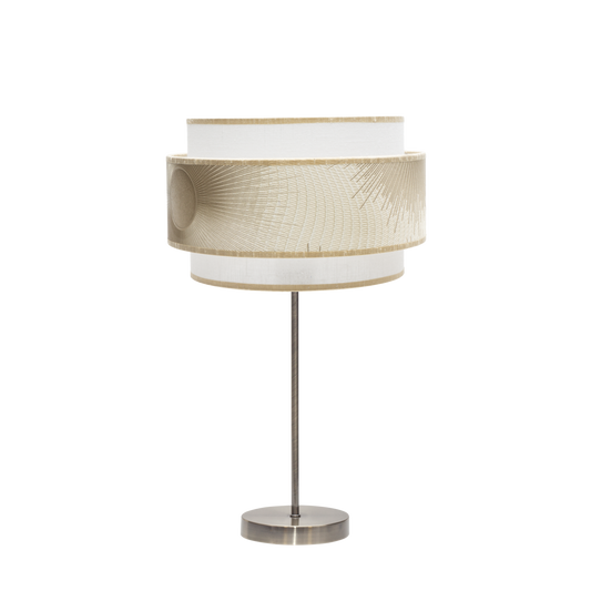 Lámpara Nepal fabricada en metal color cuero y textil blanco y oro