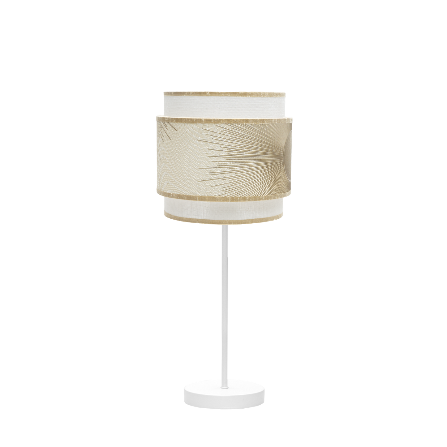 Sobremesa Nepal fabricada en metal color blanco con pantalla textil blanca y oro