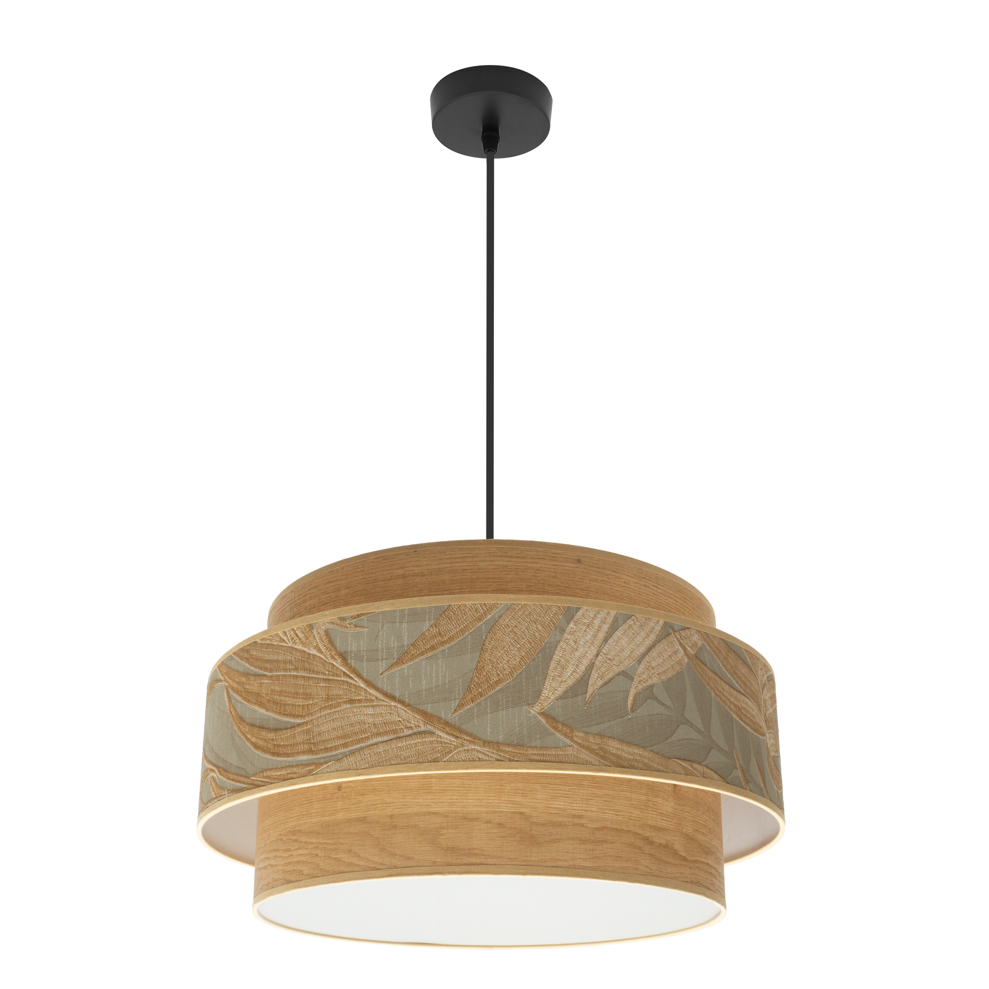 Lámpara colgante Samoa fabricada en metal color negro y pantalla textil camel, ideal para salones
