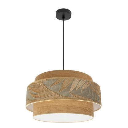 Lámpara colgante Samoa fabricada en metal color negro y pantalla textil camel, ideal para salones