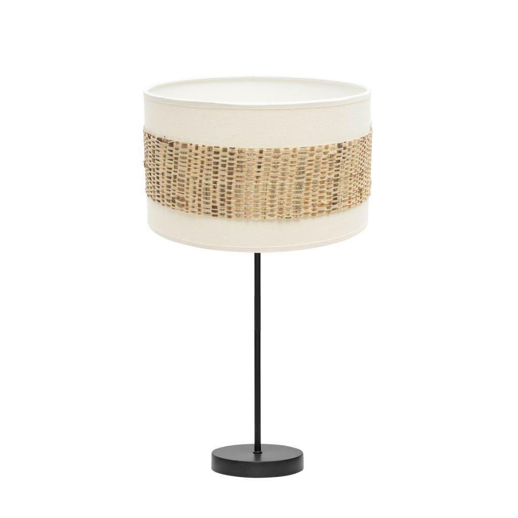 Sobremesa mediana Nicaragua de Fabrilamp, diseño negro, blanco y natural. Luz difusa para ambientes acogedores.