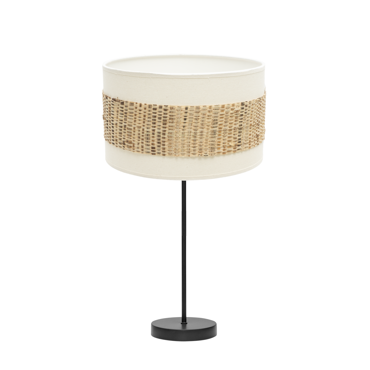 Sobremesa mediana Nicaragua de Fabrilamp, diseño negro, blanco y natural. Luz difusa para ambientes acogedores.