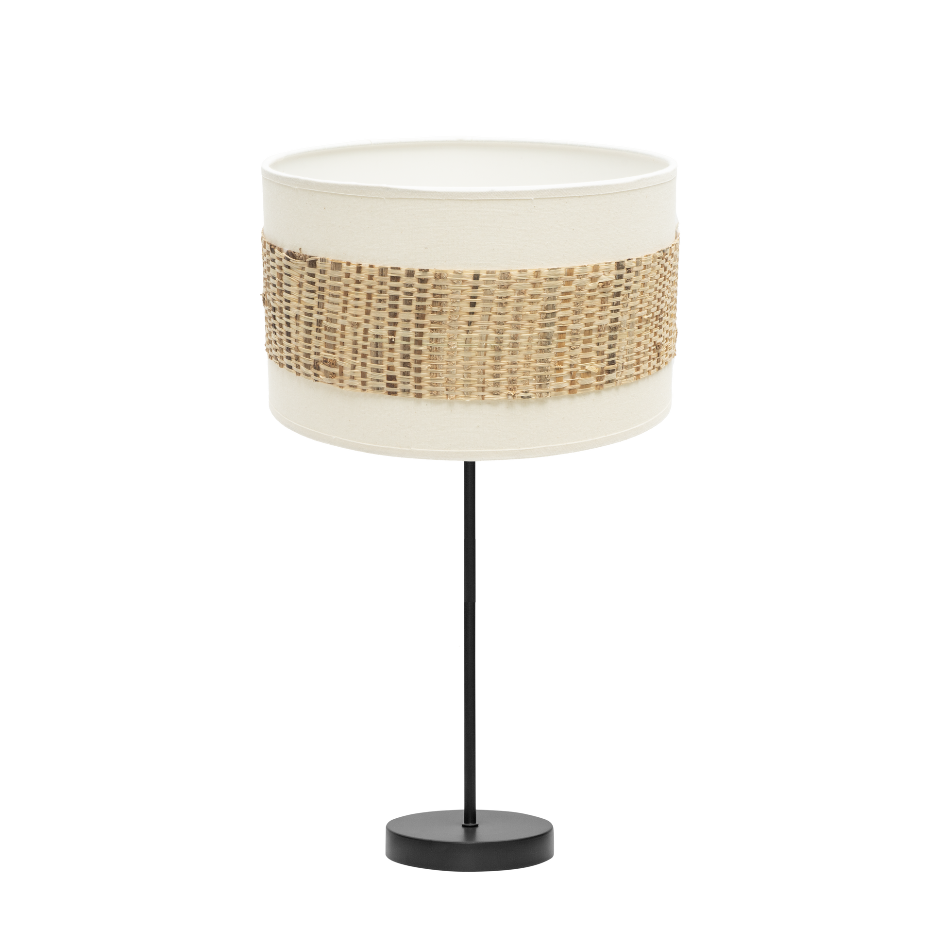 Sobremesa mediana Nicaragua de Fabrilamp, diseño negro, blanco y natural. Luz difusa para ambientes acogedores.