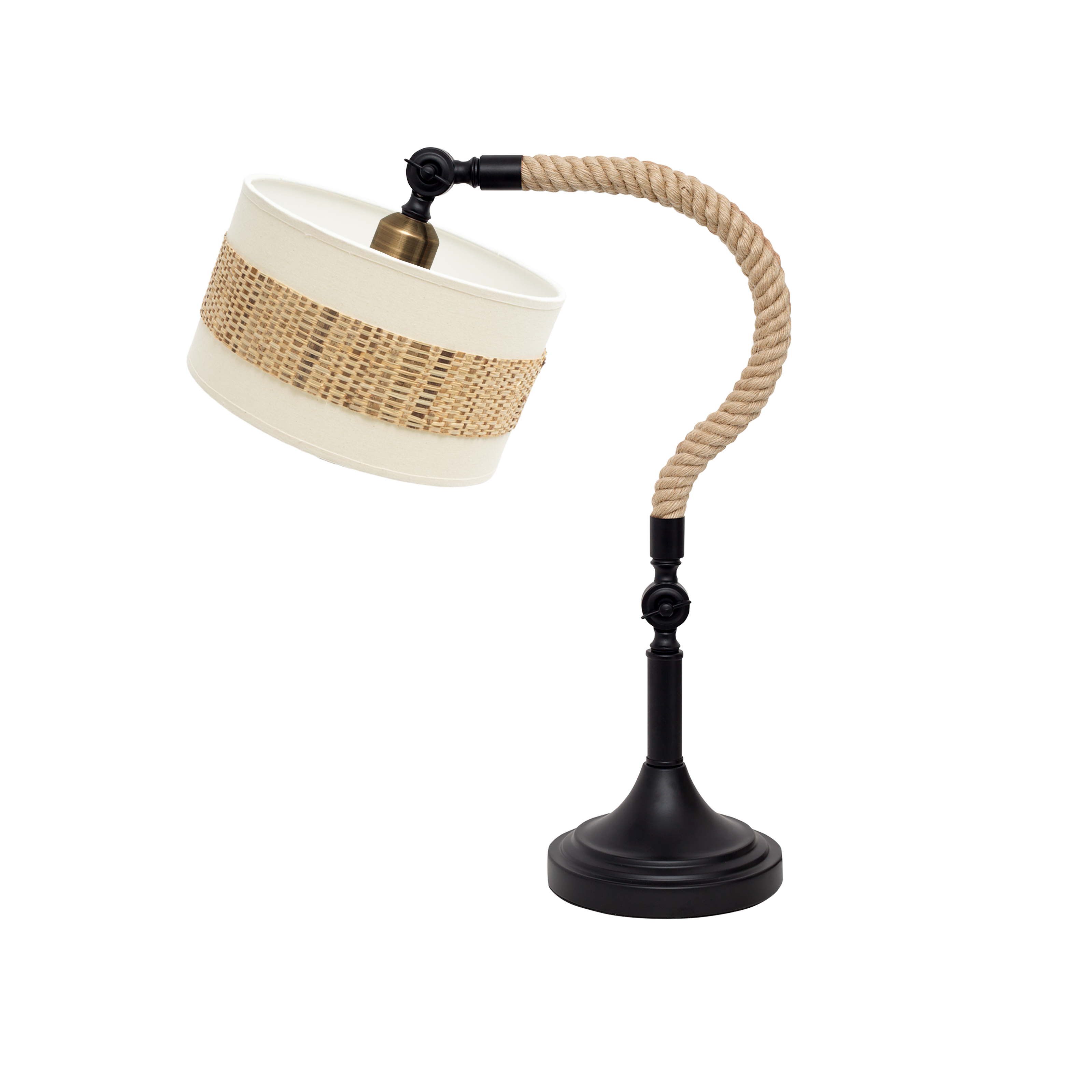 Sobremesa Nicaragua Fabrilamp / Abrila fabricada en metal negro y natural con pantalla blanca de cañizo y lino