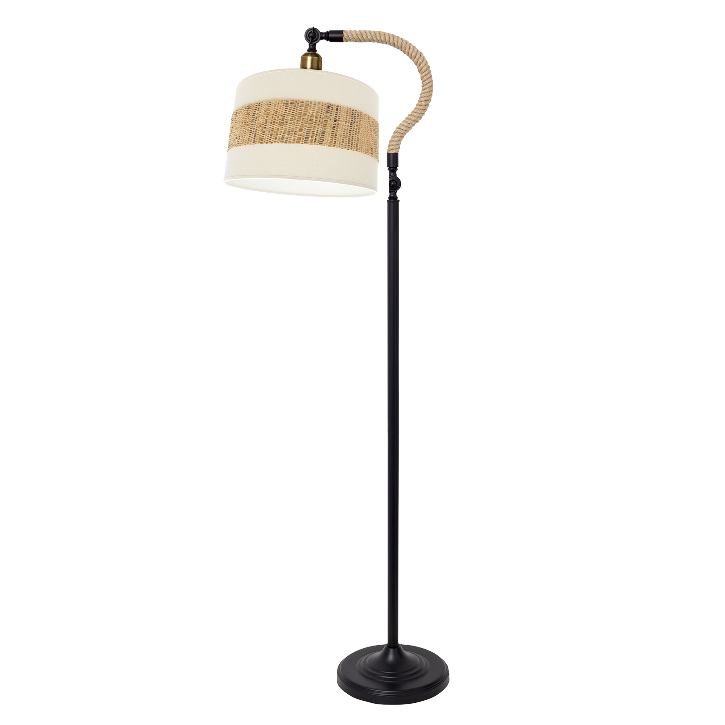 Pie de salón Nicaragua de Fabrilamp, color negro, blanco y natural, con pantalla de cañizo y lino. Diseño elegante para tu salón.