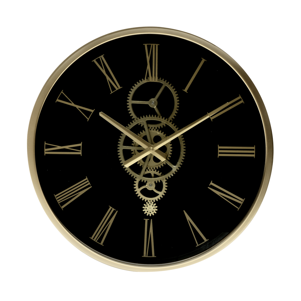 Reloj de pared Duque Negro/Oro 46x46x7cm con engranajes visibles, Fabrilamp