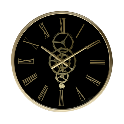 Reloj de pared Duque Negro/Oro 46x46x7cm con engranajes visibles, Fabrilamp