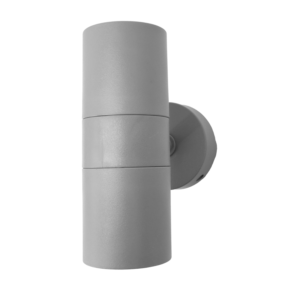 Aplique exterior Becala 2xGU10 gris IP44 de Fabrilamp, resistente al agua y elegante para iluminar tu jardín o terraza.