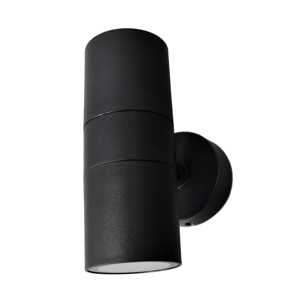 Aplique exterior Becala negro 2xGU10 IP44 de Fabrilamp, vista frontal.