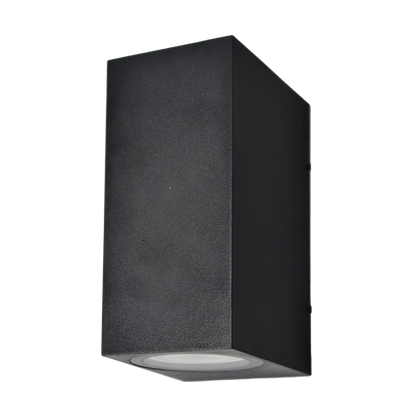 Aplique exterior Alce negro 2xGU10 IP44 de Fabrilamp, vista frontal. Iluminación moderna para exteriores.