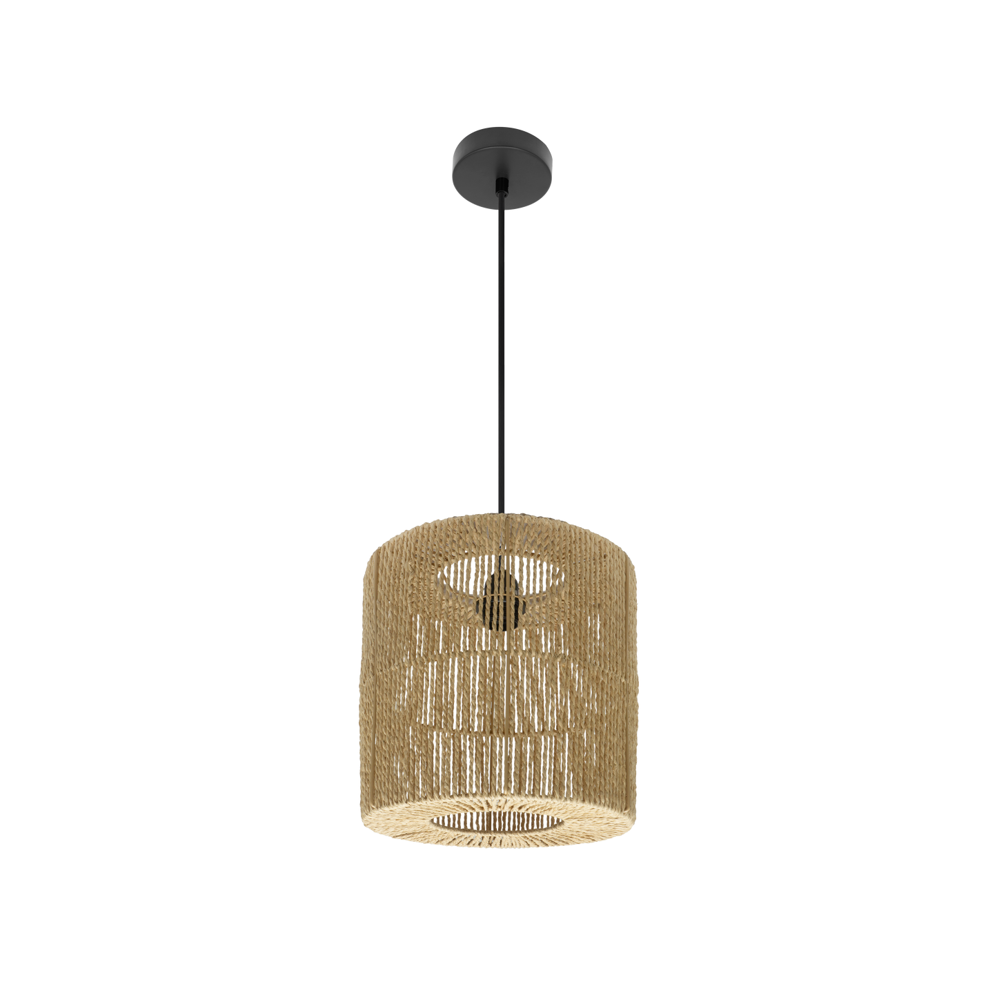 Colgante Fabriano Negro/Natural E27 de Fabrilamp, diseño minimalista en cuerda y metal. Luz difusa general para interiores.