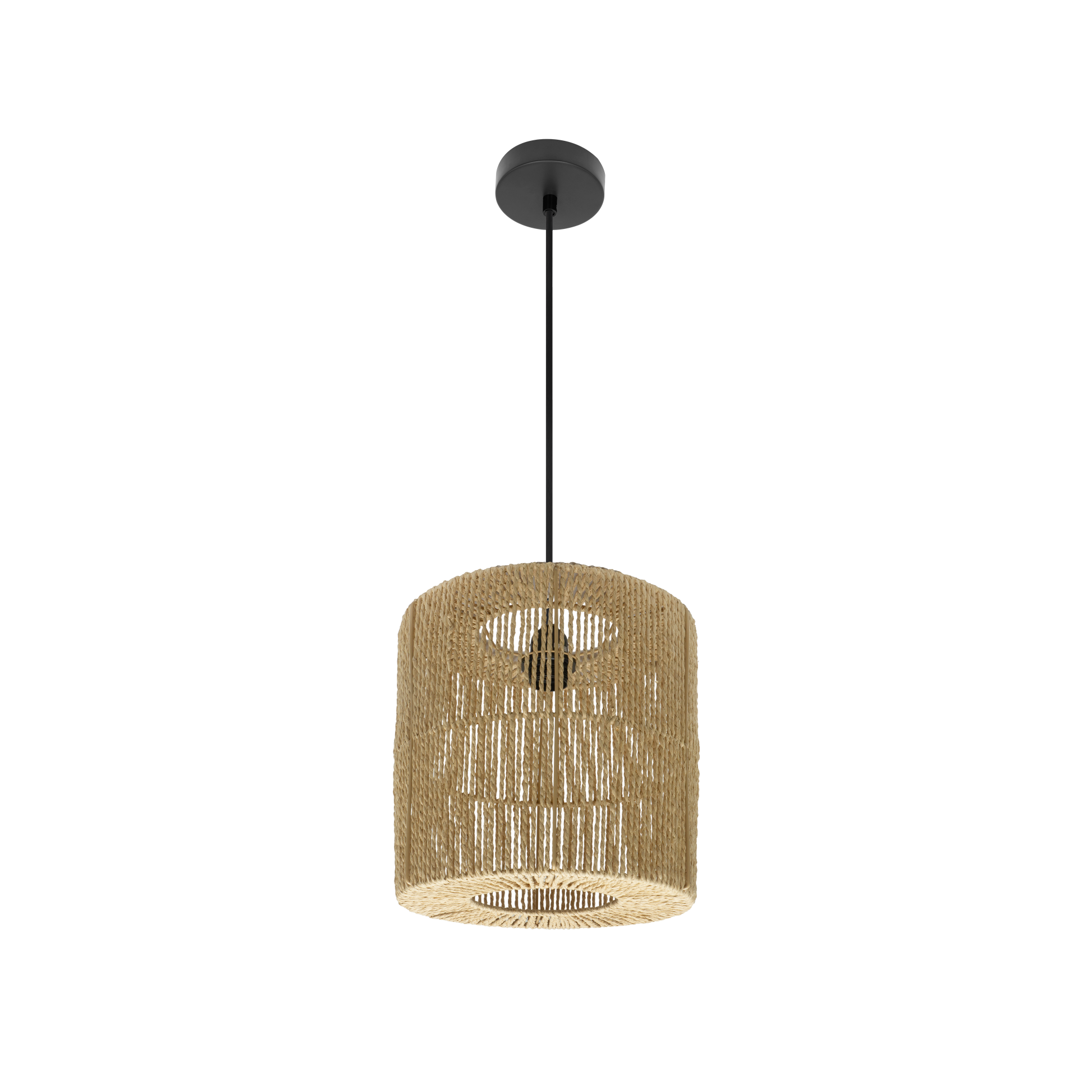 Colgante Fabriano Negro/Natural E27 de Fabrilamp, diseño minimalista en cuerda y metal. Luz difusa general para interiores.