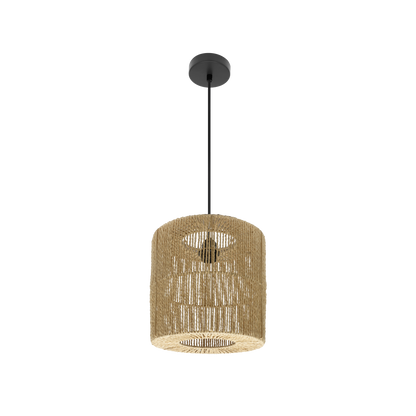 Colgante Fabriano Negro/Natural E27 de Fabrilamp, diseño minimalista en cuerda y metal. Luz difusa general para interiores.