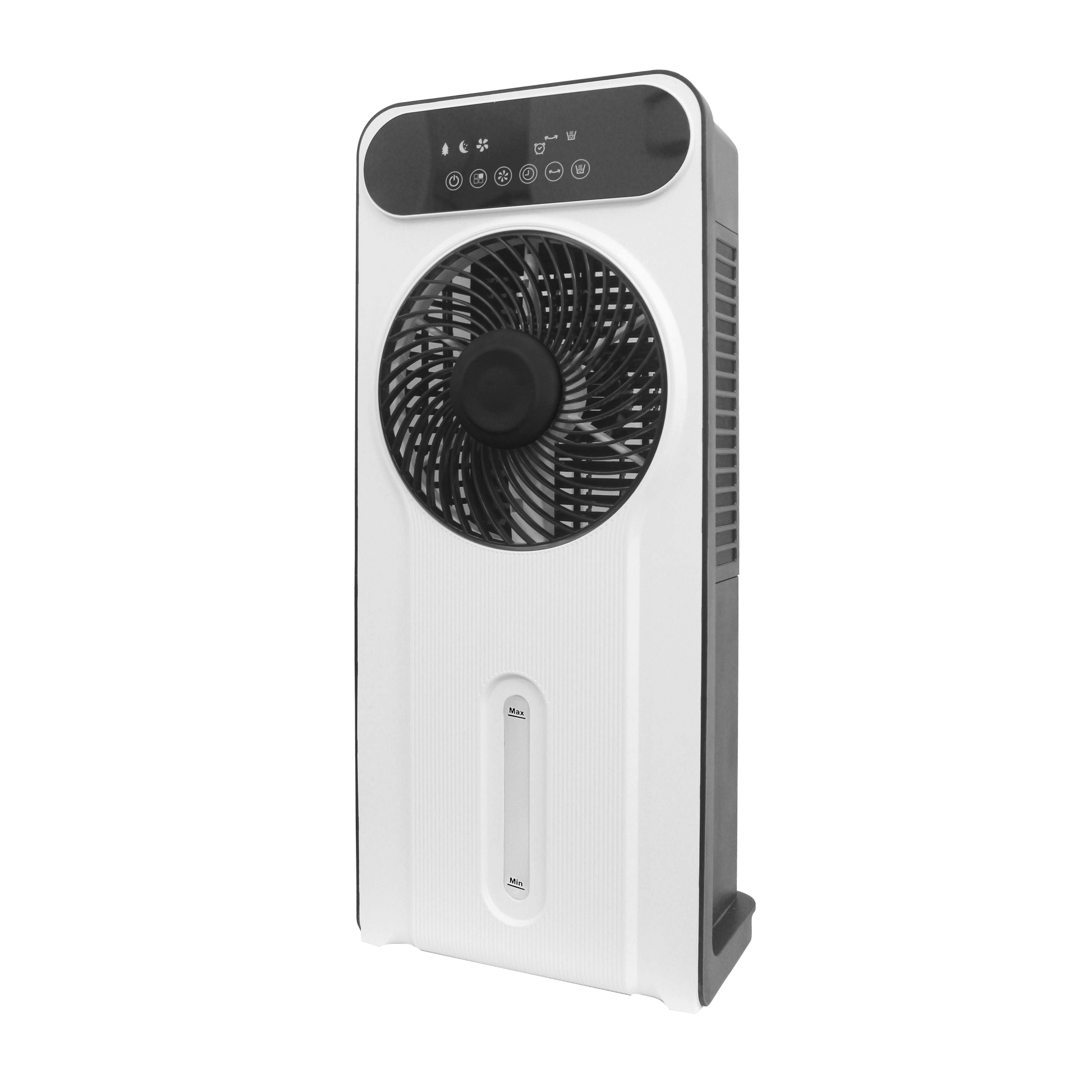 Ventilador de pie Opium Blanco/Negro de Fabrilamp con tanque de agua de 5 litros, mando a distancia y temporizador.