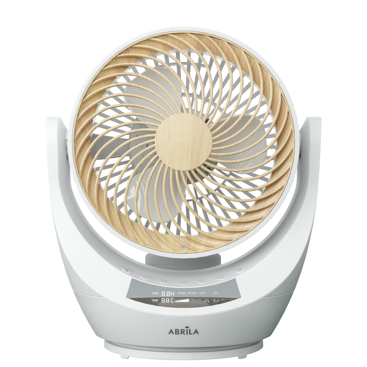 Elegante ventilador de mesa blanco y madera ideal para el dormitorio