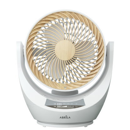 Elegante ventilador de mesa blanco y madera ideal para el dormitorio