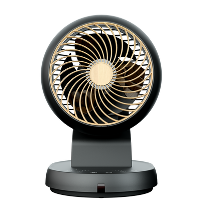 Ventilador de sobremesa Urbel negro/haya con mando a distancia y temporizador. Diseño moderno y elegante.