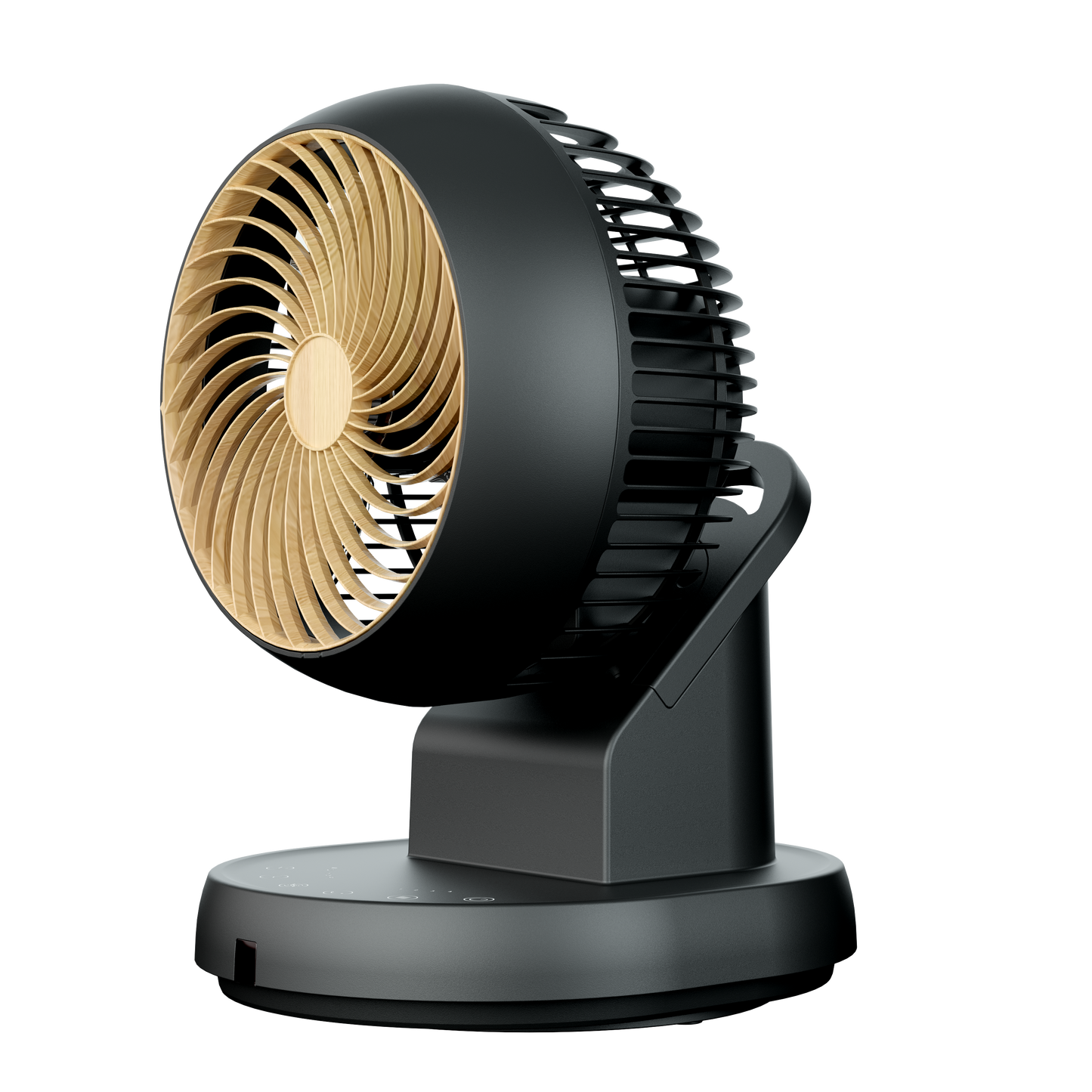 Ventilador de sobremesa Urbel negro/haya con mando a distancia y temporizador. Diseño moderno y elegante.