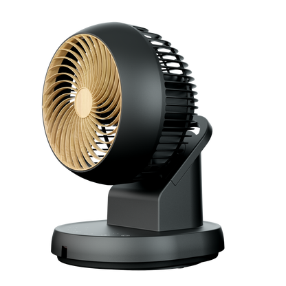 Ventilador de sobremesa Urbel negro/haya con mando a distancia y temporizador. Diseño moderno y elegante.