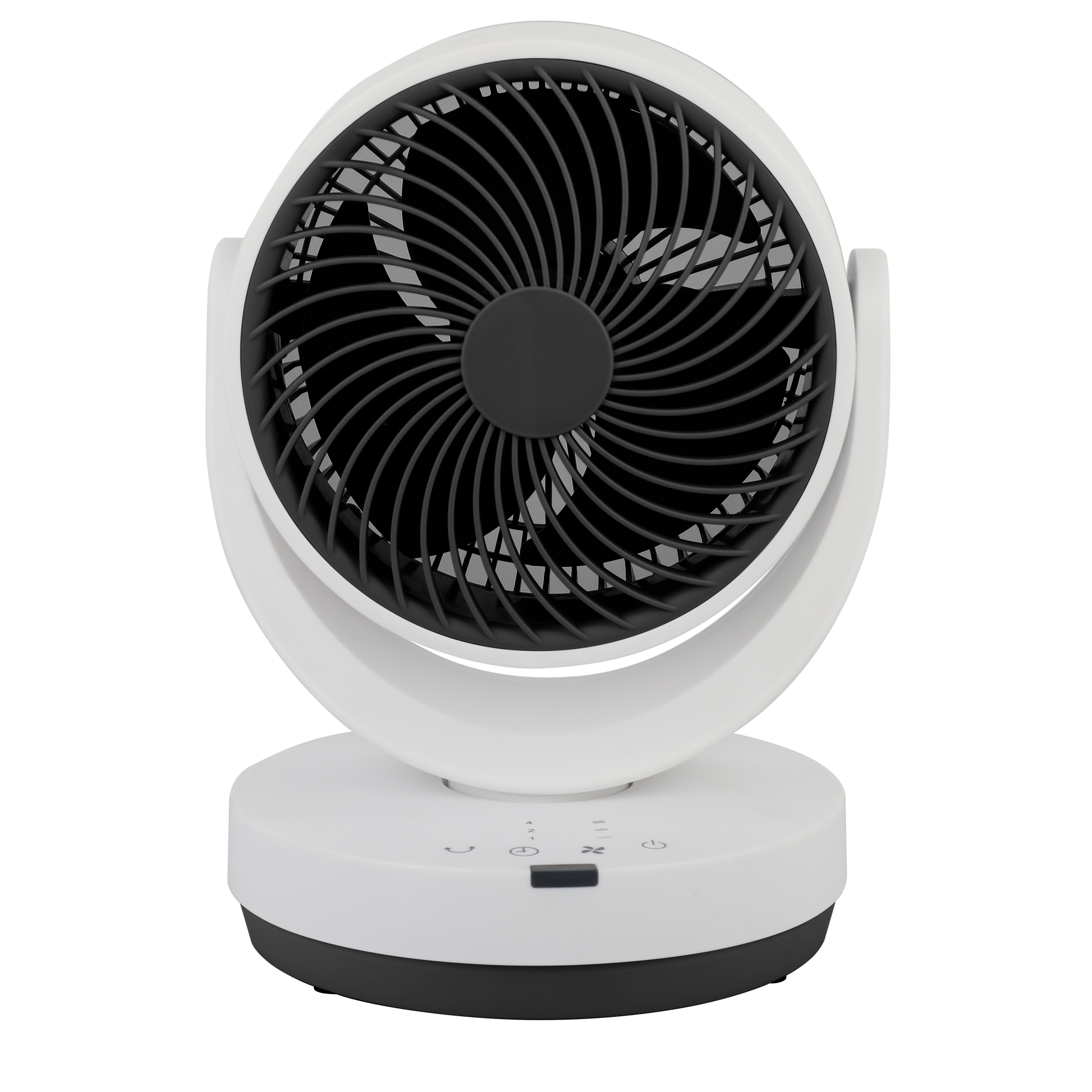 Ventilador de sobremesa Loira blanco y negro, vista frontal, Fabrilamp