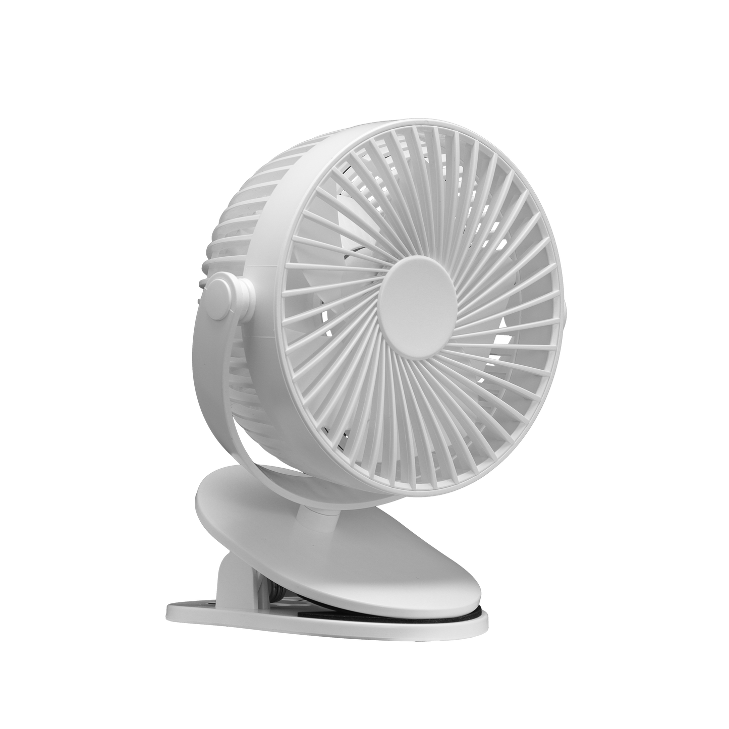 Ventilador sobremesa con pinza Peñafiel blanco de Fabrilamp, vista frontal.